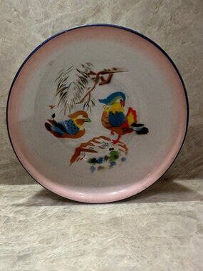 Set of 2 Vintage Lucky Elephant Enamel Bowls Bird & Duck Motif Cottage Decor